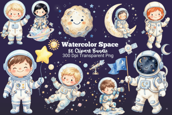Download Watercolor Space Clipart Png Bundle - Space Collection